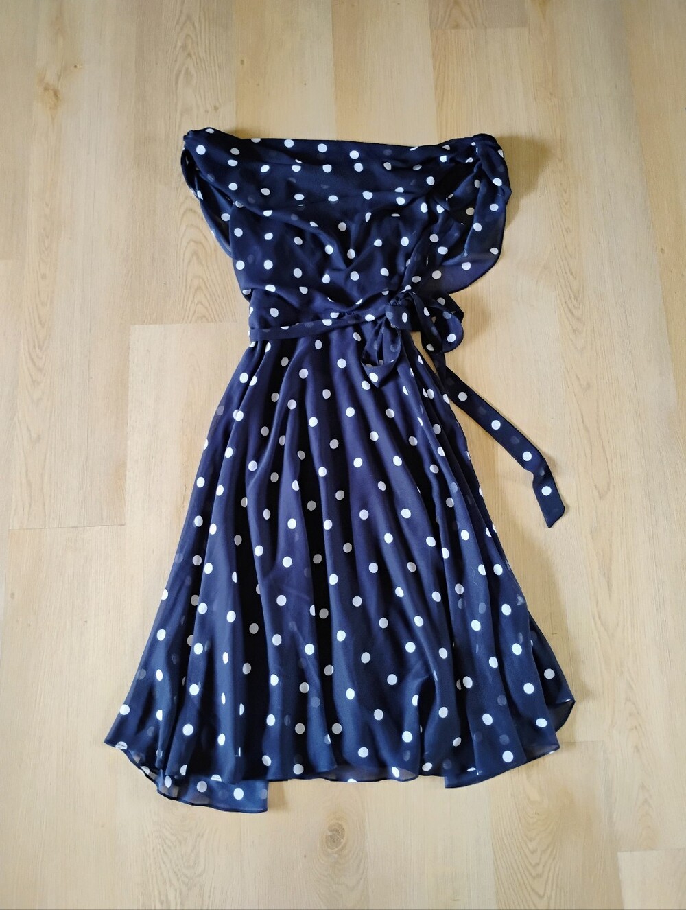 Navy Polka Dot Off The Shoulder Tie-Waist Dress